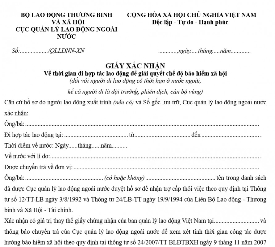 iấy xác nhận về thời gian đi hợp tác lao động để giải quyết chế độ BHXH