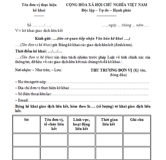 Mẫu kê khai giao dịch liên kết