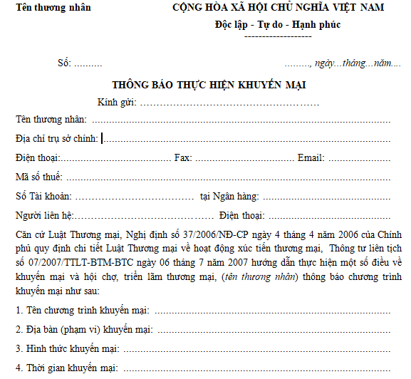 Mẫu thông báo thực hiện khuyến mại