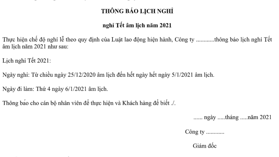 Mẫu thông báo nghỉ Lễ Tết nội bộ của công ty