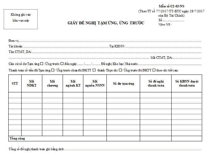 Mẫu C2-03/NS Giấy đề nghị thanh toán, tạm ứng trước