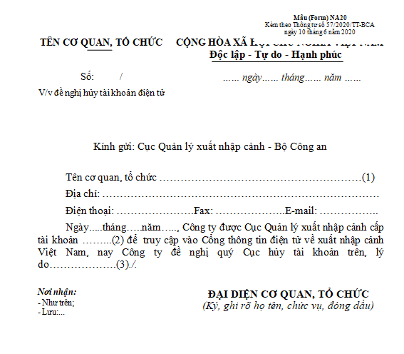Văn bản đề nghị hủy tài khoản điện tử