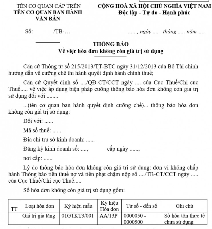 Mẫu thông báo về việc hóa đơn không còn giá trị sử dụng