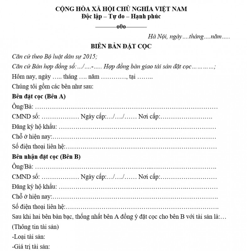Mẫu biên bản đặt cọc