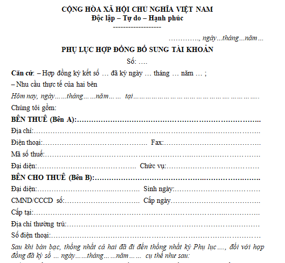 Thông tin mới nhất về mẫu phụ lục hợp đồng thay đổi số tài khoản tại Việt Nam