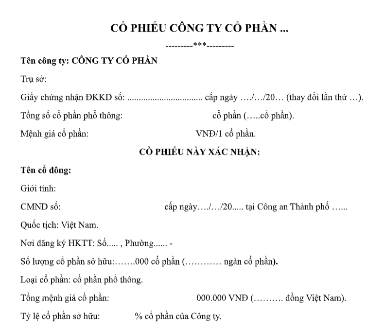 Mẫu cổ phiếu do công ty cổ phần phát hành