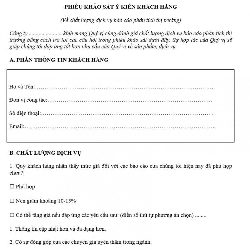 Mẫu phiếu khảo sát lấy ý kiến khách hàng 2021