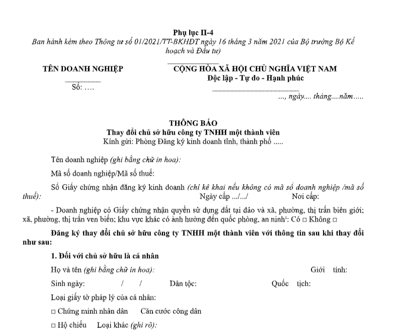 Mẫu thông báo thay đổi chủ sở hữu công ty TNHH một thành viên - Phụ lục II-4