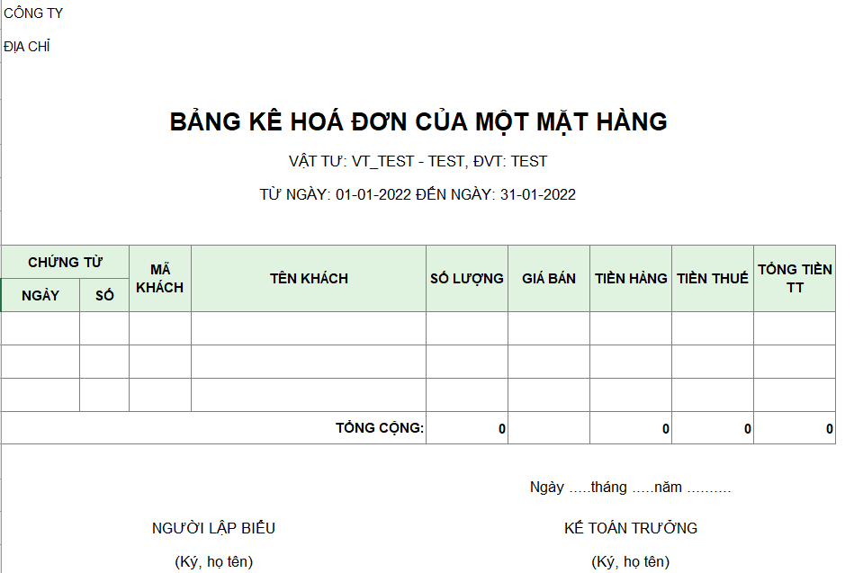 Bảng kê hóa đơn của một mặt hàng ( Không giá vốn, không chiết khấu )