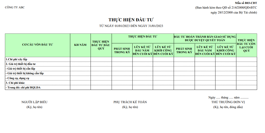 Mẫu thực hiện đầu tư