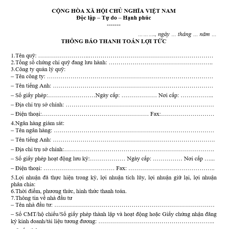 Mẫu thông báo thanh toán lợi tức gửi cho các nhà đầu tư