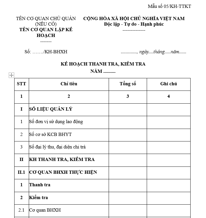 Mẫu Số 05/Kh-Ttkt: Mẫu Bảng Kế Hoạch Thanh Tra, Kiểm Tra Bảo Hiểm