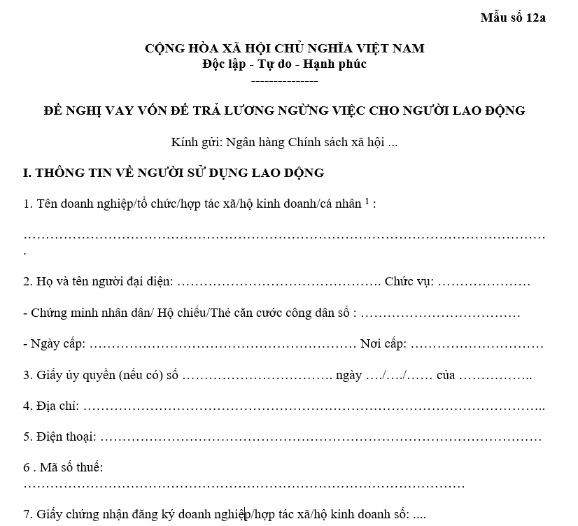 Mẫu 12a: Đề nghị vay vốn để trả lương ngừng việc cho người lao động