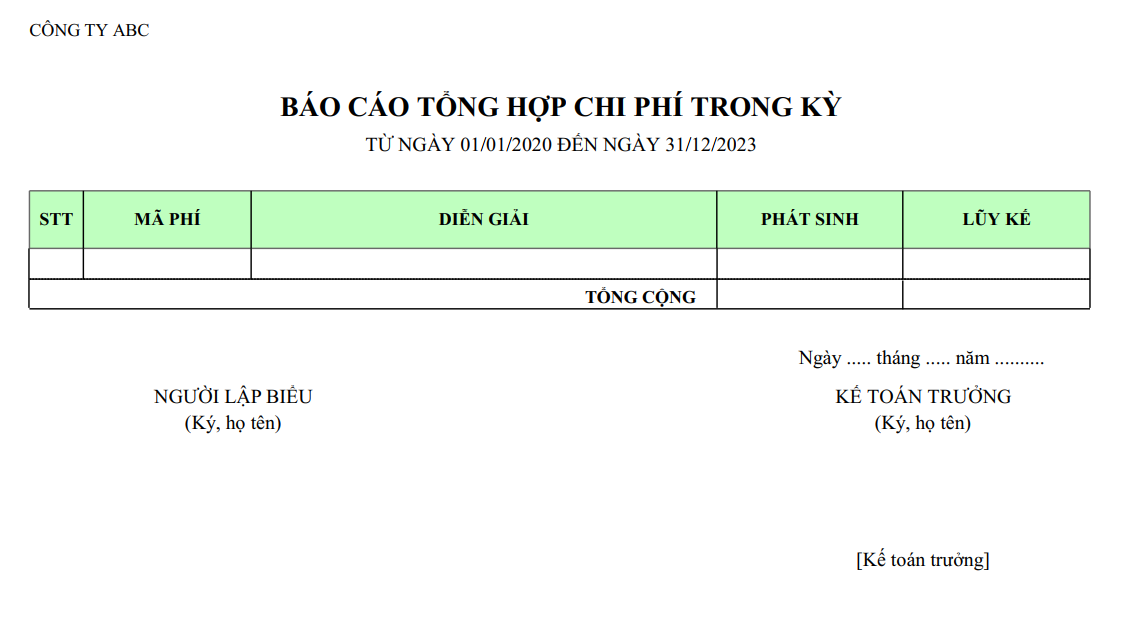 Mẫu báo cáo tổng hợp chi phí trong kỳ theo mã phí