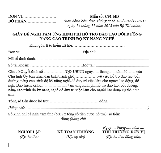 Mẫu số C91-HD: Giấy đề nghị tạm ứng kinh phí hỗ trợ đào tạo nâng cao nghề