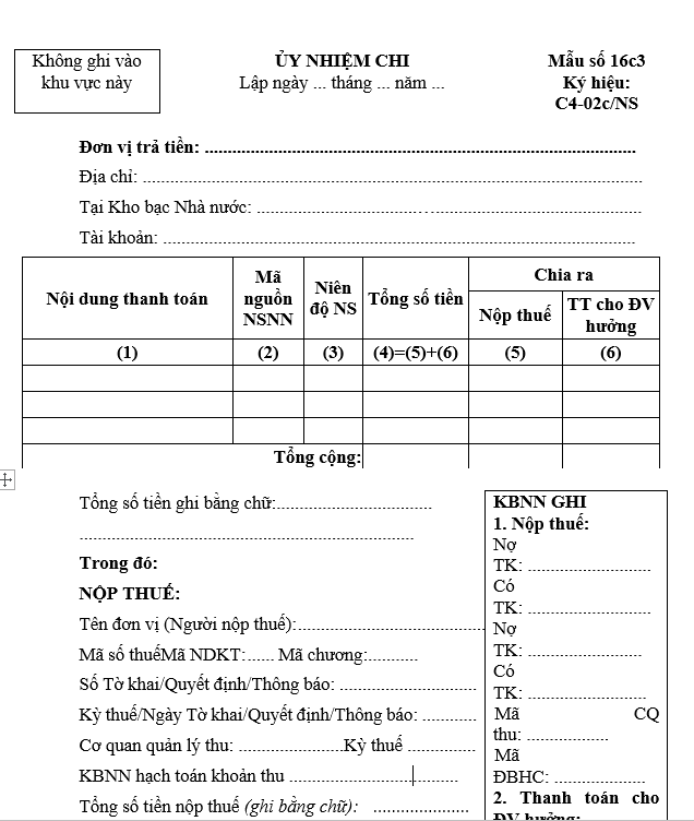 Mẫu C4-02c/KB Mẫu ủy nhiệm chi kèm nộp thuế