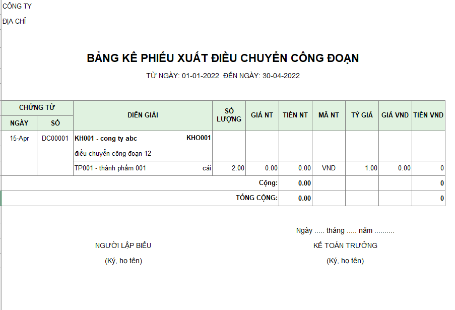 Bảng kê phiếu xuất điều chuyển công đoạn ( NGOẠI TỆ )