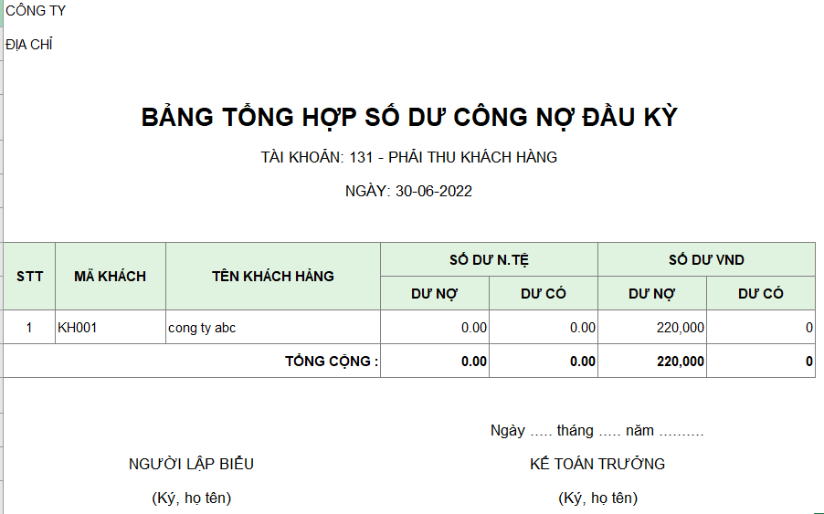 Bảng tổng hợp số dư công nợ đầu kỳ ( NGOẠI TỆ )