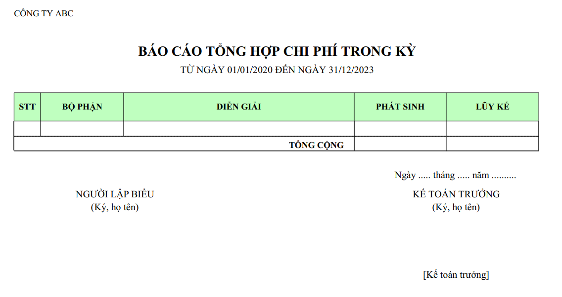 Mẫu báo cáo tổng hợp chi phí trong kỳ theo bộ phận