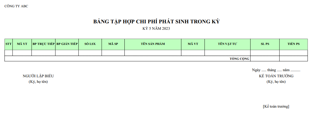 Mẫu bảng tập hợp cho phí phát sinh trong kỳ