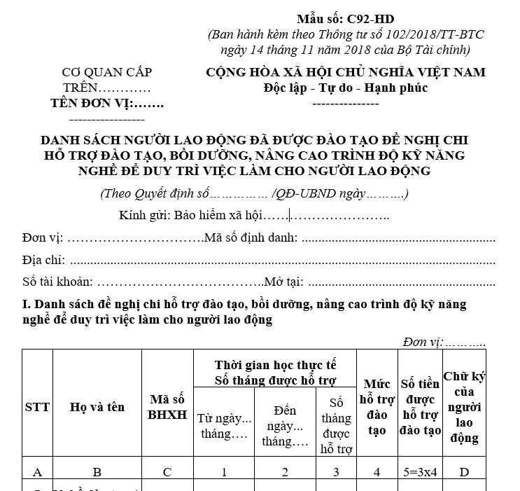 Mẫu số C92-HD: Danh sách người lao động đã được đào tạo nghề đề nghị chi trả hỗ trợ đào tạo