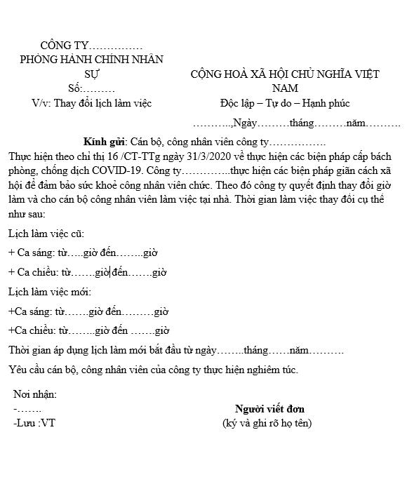 Công Văn Yêu Cầu Thay Đổi Lịch Làm Việc