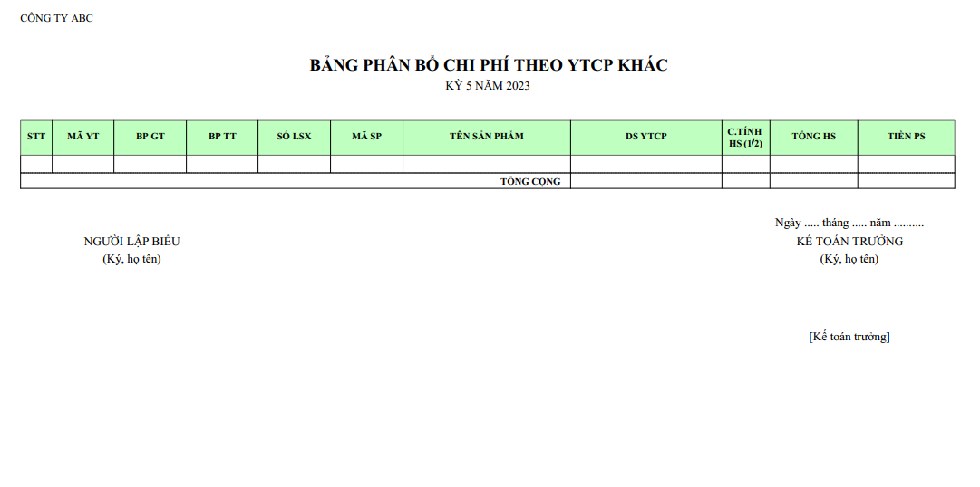 Mẫu bảng phân bổ chi phí theo yếu tố chi phí khác