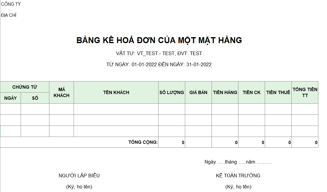 Bảng kê hóa đơn của một mặt hàng