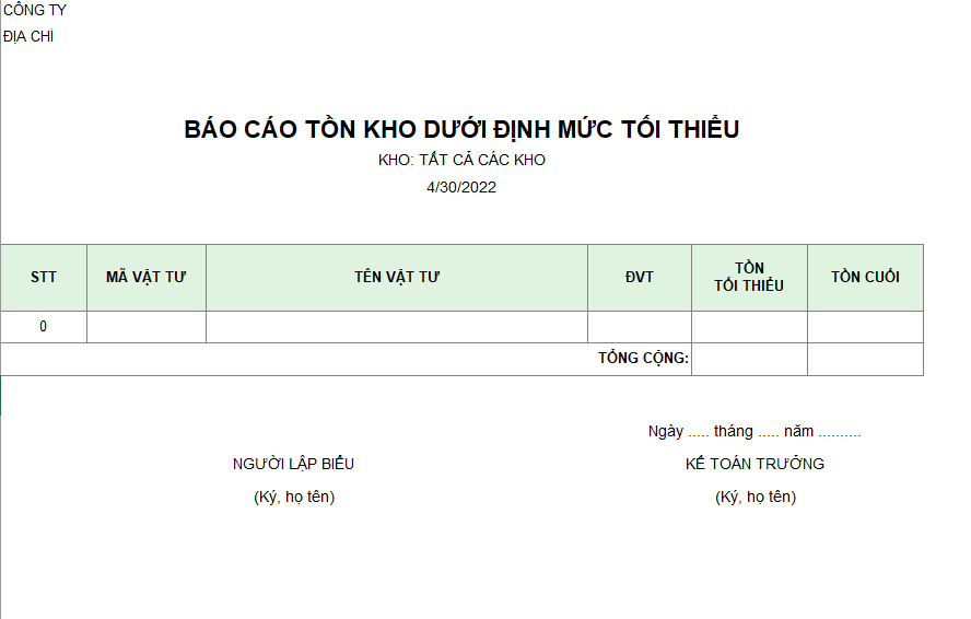 Báo cáo tồn kho dưới định mức tối thiểu