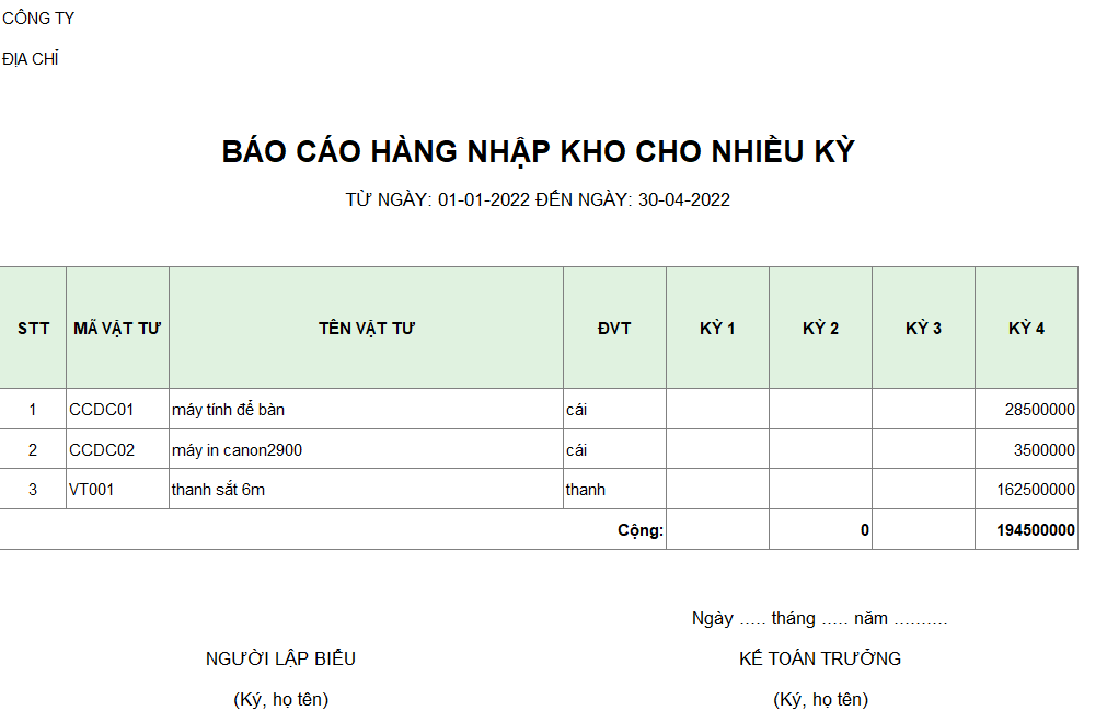 Báo cáo hàng nhập kho cho nhiều kỳ