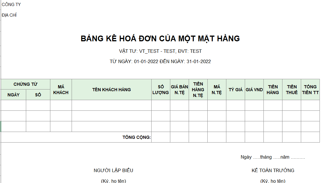 Bảng kê hóa đơn của một mặt hàng ( NGOẠI TỆ )