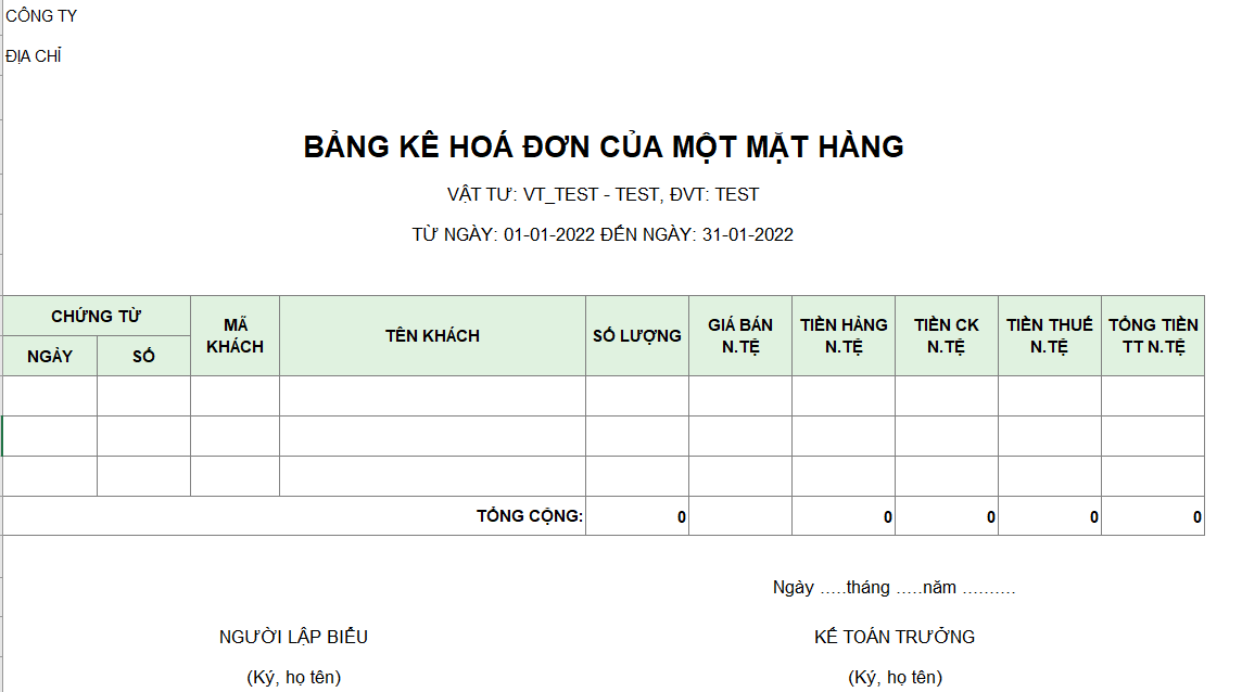 Bảng kê hóa đơn của một mặt hàng ( Không giá vốn, không chiết khấu - NGOẠI TỆ)