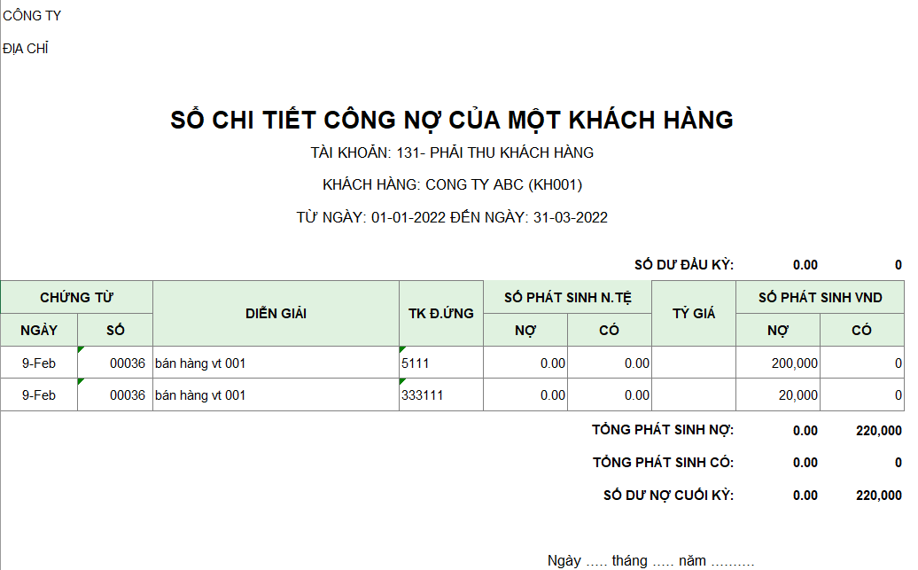 Mẫu sổ chi tiết công nợ của một khách hàng ( NGOẠI TỆ )