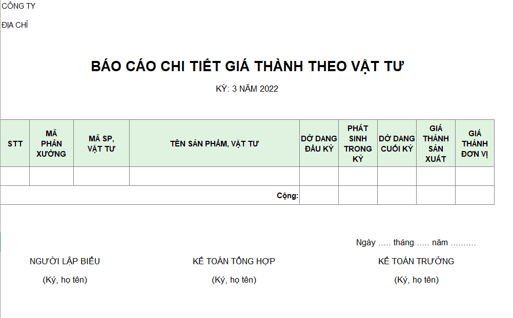 Báo cáo chi tiết giá thành theo vật tư