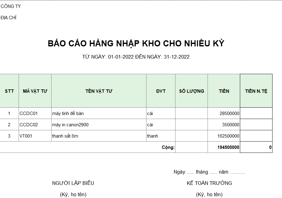 Báo cáo hàng nhập kho cho nhiều kỳ ( NGOẠI TỆ )