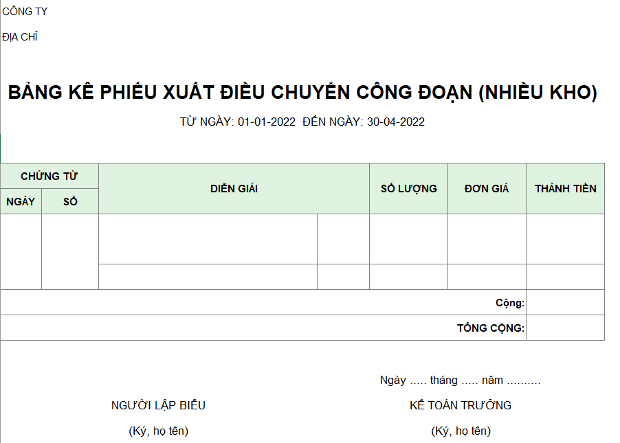 Bảng kê phiếu xuất điều chuyển công đoạn ( NHIỀU KHO )