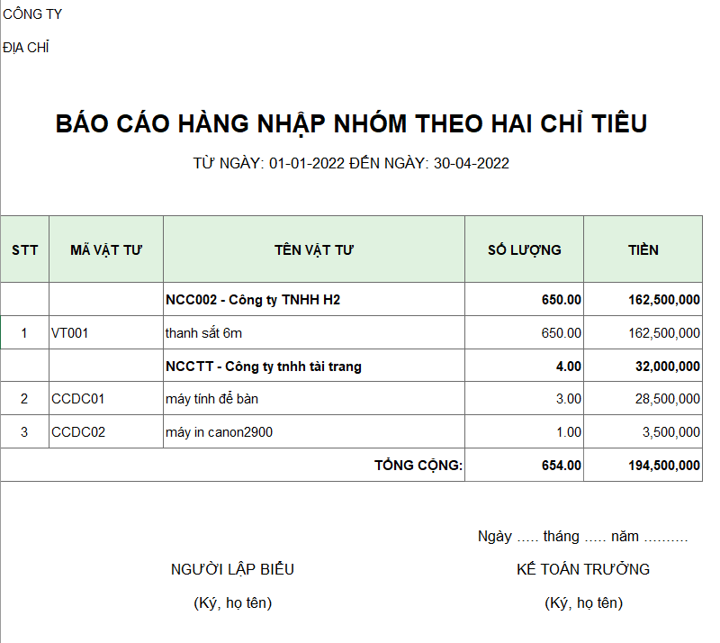 Báo cáo hàng nhập nhóm theo hai chỉ tiêu