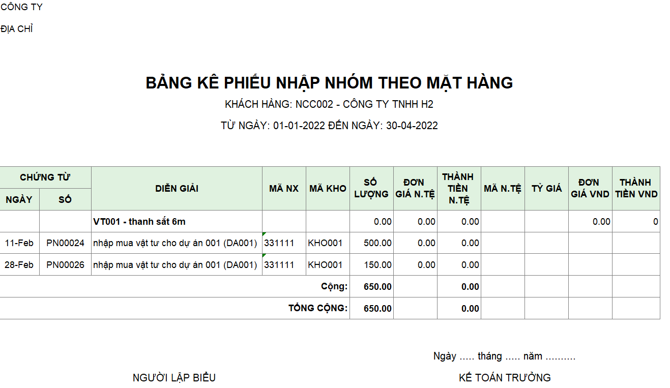 Bảng kê phiếu nhập của một nhà cung cấp ( NGOẠI TỆ )