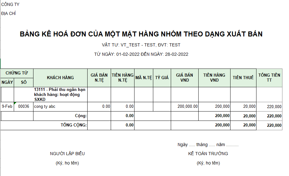 Bảng kê hóa đơn của một mặt hàng nhóm theo dạng xuất bán (Không chiết khấu) -NGOẠI TỆ