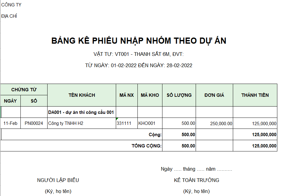 Bảng kê phiếu nhập nhóm theo dự án