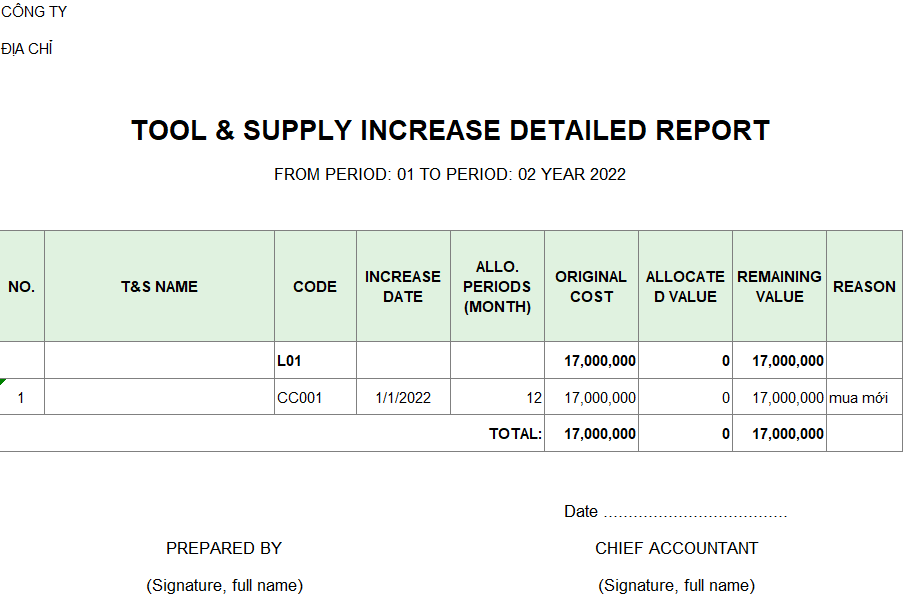 Mẫu báo cáo chi tiết tăng CCDC ( TIẾNG ANH )