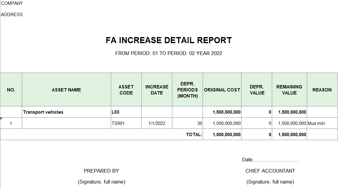 Mẫu báo cáo chi tiết tăng TSCĐ ( TIẾNG ANH )