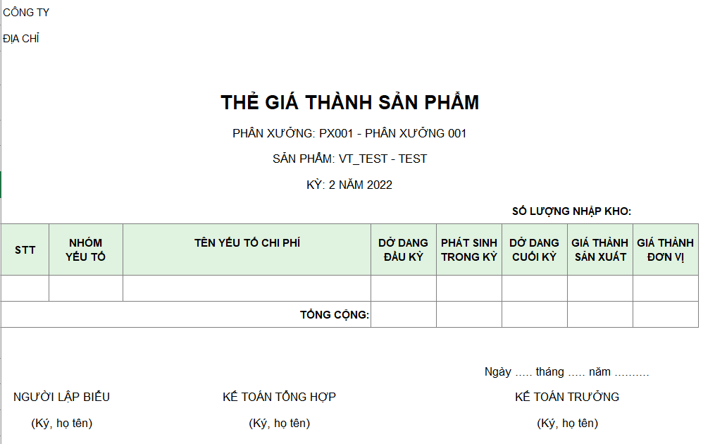 Mẫu thẻ giá thành sản phẩm
