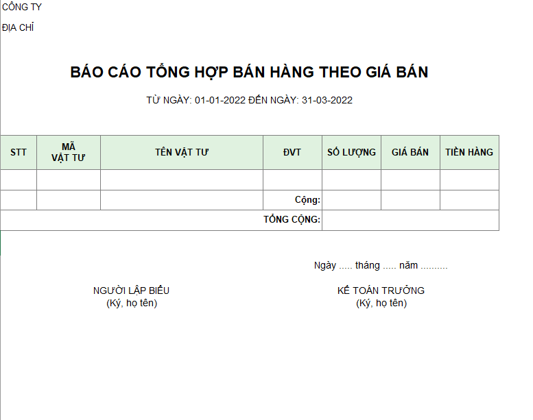 Mẫu báo cáo tổng hợp bán hàng theo giá bán