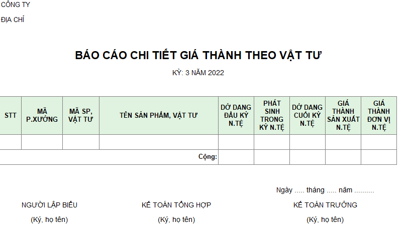 Báo cáo chi tiết giá thành theo vật tư ( NGOẠI TỆ )