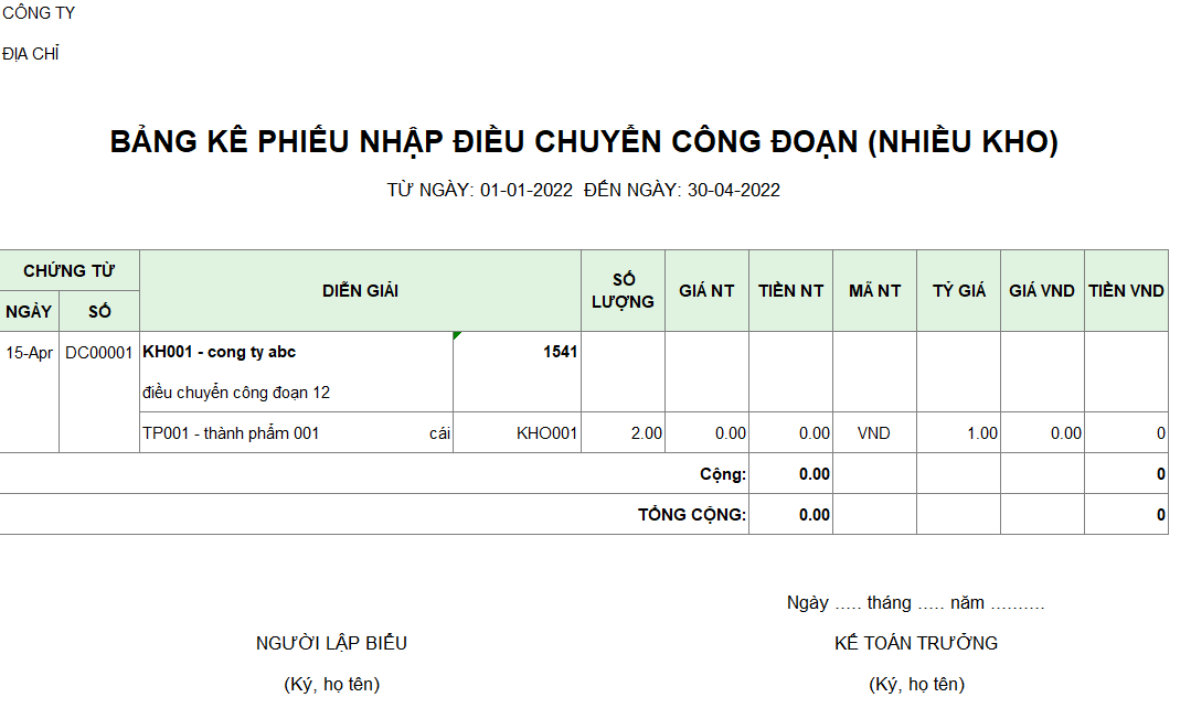 Bảng kê phiếu nhập điều chuyển công đoạn ( NHIỀU KHO - NGOẠI TỆ)