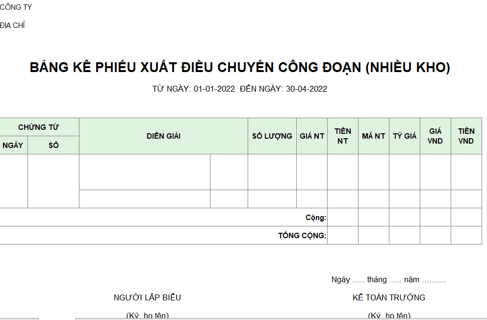 Bảng kê phiếu xuất điều chuyển công đoạn ( NHIỀU KHO - NGOẠI TỆ )