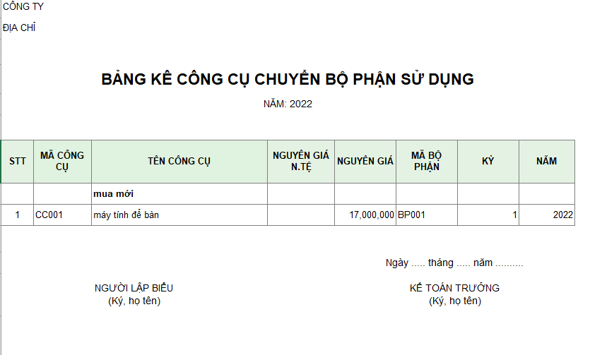 Bảng kê CCDC chuyển bộ phận sử dụng ( NGOẠI TỆ )