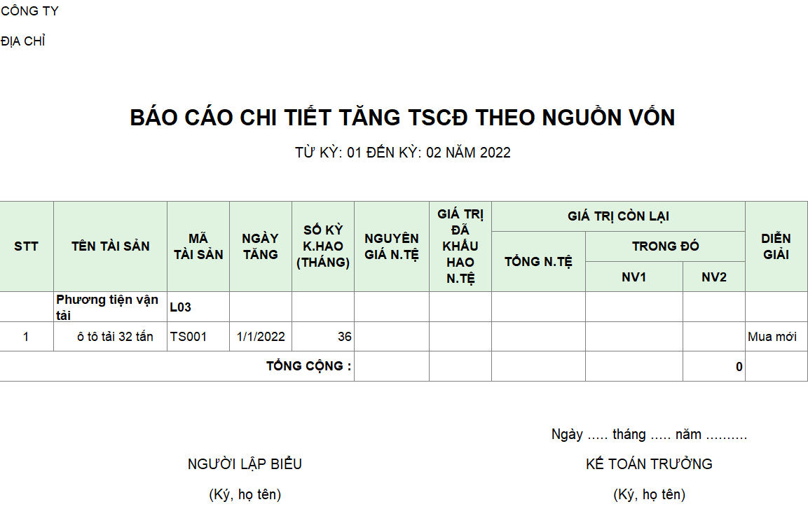 Mẫu báo cáo chi tiết tăng TSCĐ theo nguồn vốn ( NGOẠI TỆ )