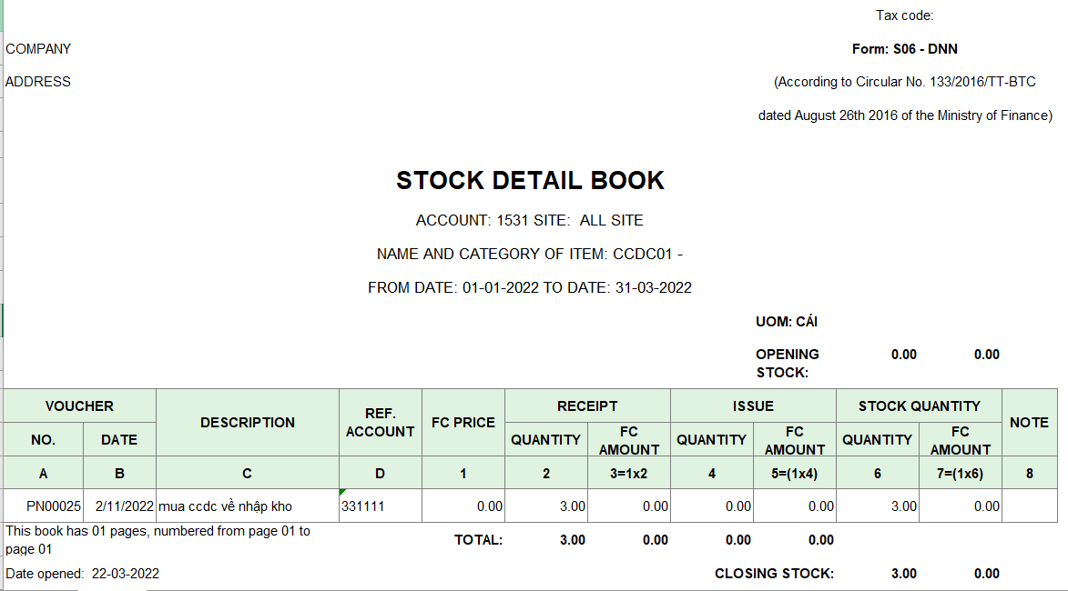 Mẫu thẻ kho (Sổ kho)- S08-DNN theo TT133 ( TIẾNG ANH - NGOẠI TỆ )
